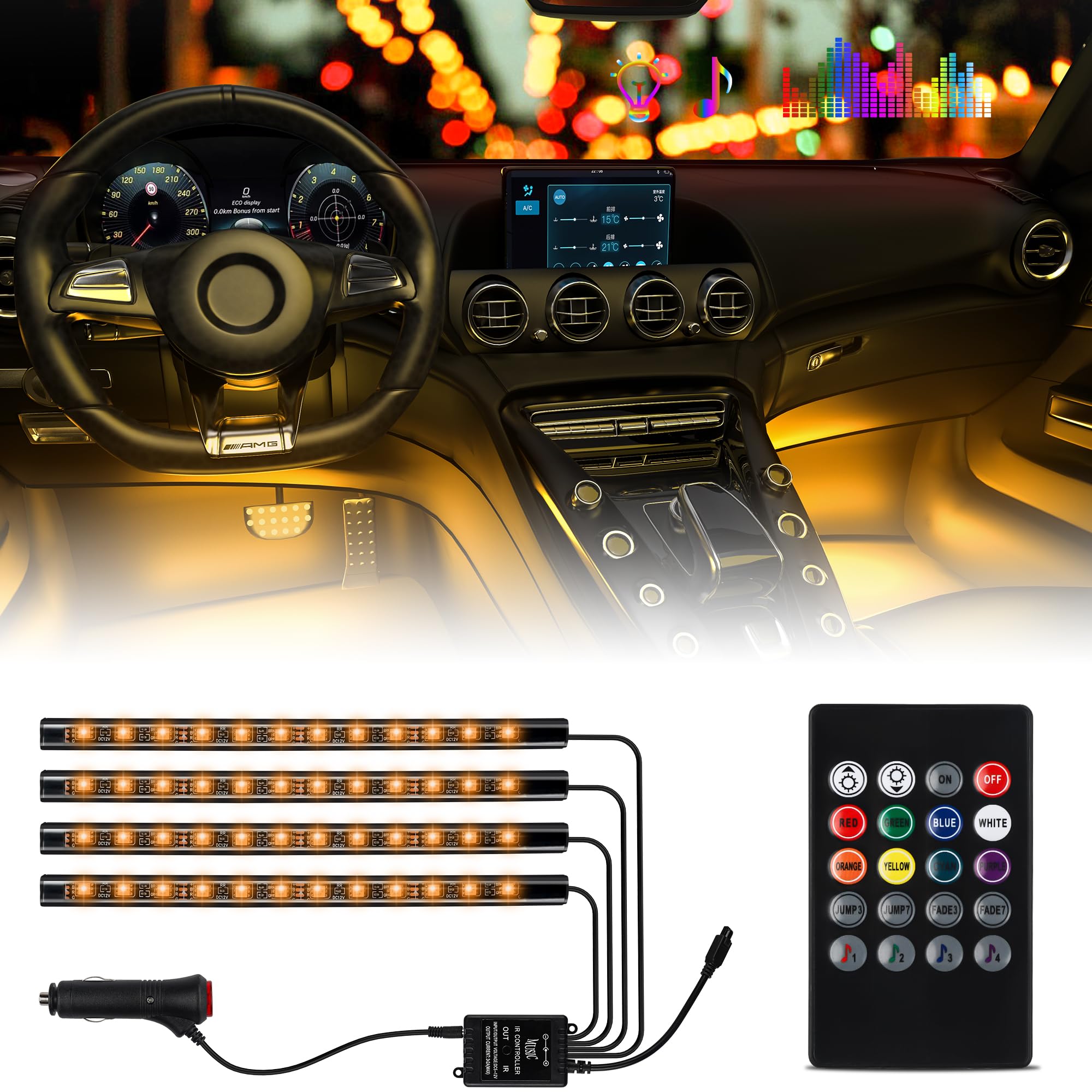 Sunva Car Led Strip Light Interior, Sound Active 4 Lines 48 Leds Multicolor Music Sync Interior Car Lights Under Dash Waterproof